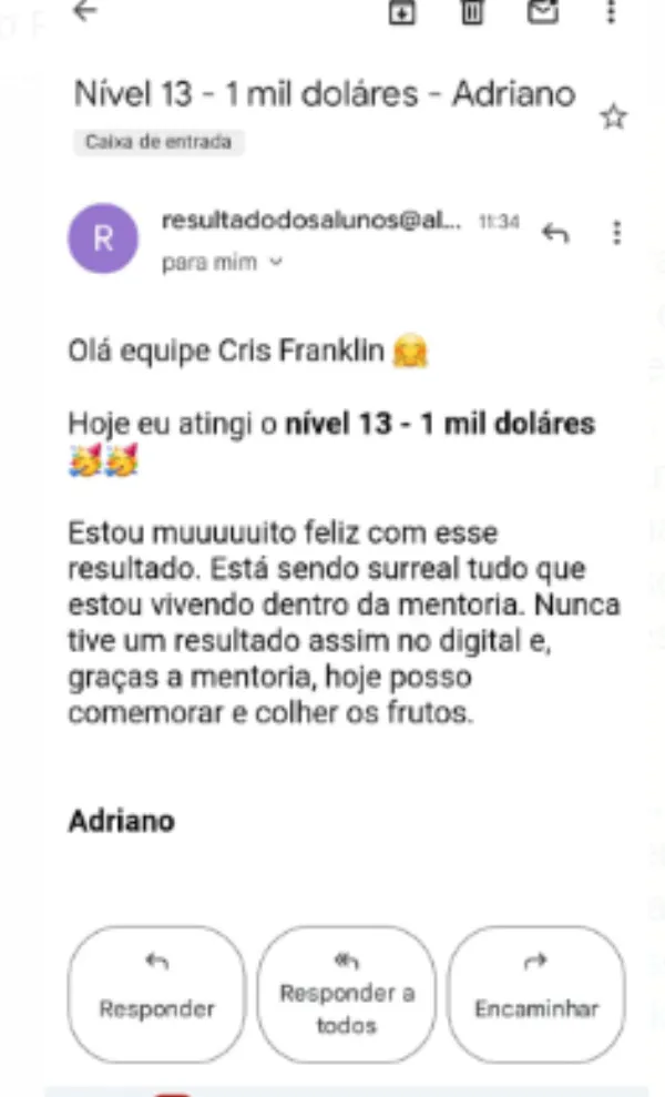 Resultado de Adriano na Mentoria Alvo 10K — atingiu $1K/mês