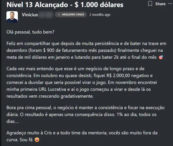 Resultado de aluno na Mentoria Alvo 10K — atingiu $1K com perseverança