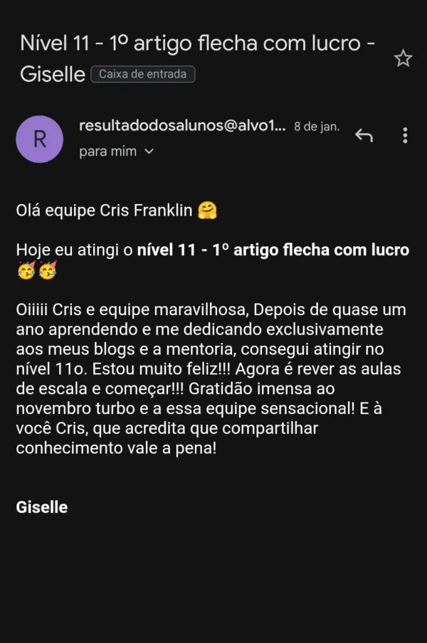 Resultado de Giselle na Mentoria Alvo 10K — primeiro artigo já deu lucro