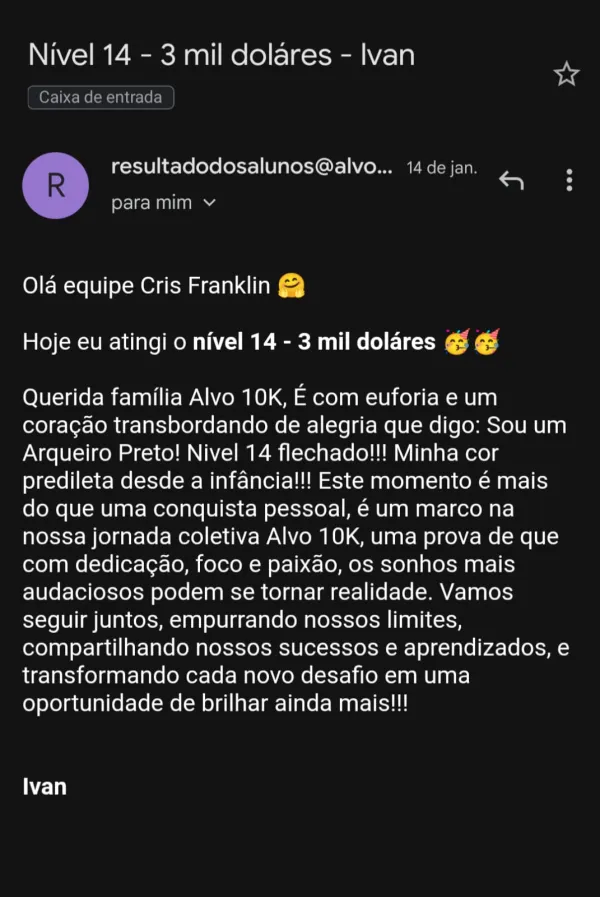 Resultado de Ivan na Mentoria Alvo 10K — atingiu $3K/mês