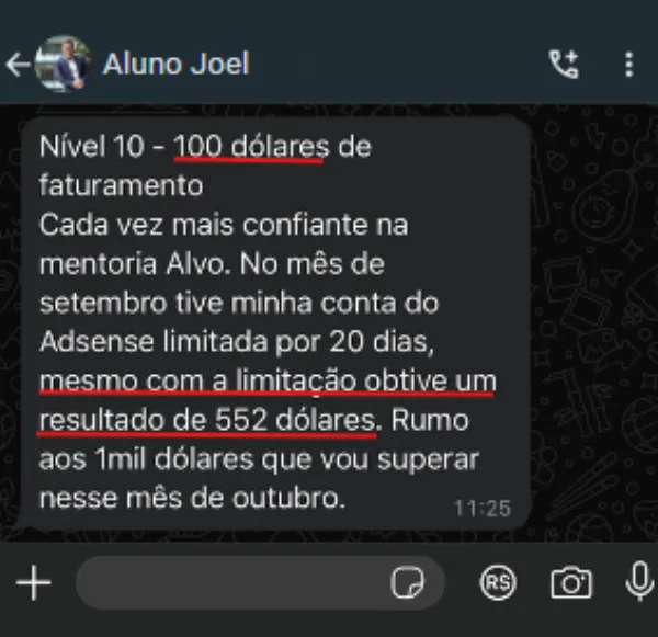 Resultado de Joel na Mentoria Alvo 10K — $552/mês