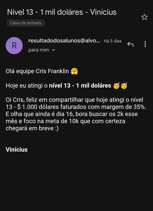 Resultado de Vinícius na Mentoria Alvo 10K — $1K/mês com margem de 35%
